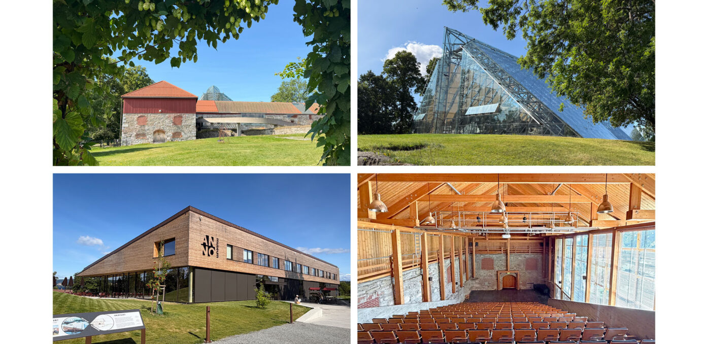 Klippt bildevisning av fire arkitekturbilder: øverste venstre en historisk bygning omgitt av grønt løvverk under blå himmel; øverste høyre glassstruktur formet som en trekant ved grønt område; nederste venstre moderne tre- og glassbygg med uteplass og skilt; nederste høyre interiør av lyst treverk med amfisscene og teglsteinsvegg.