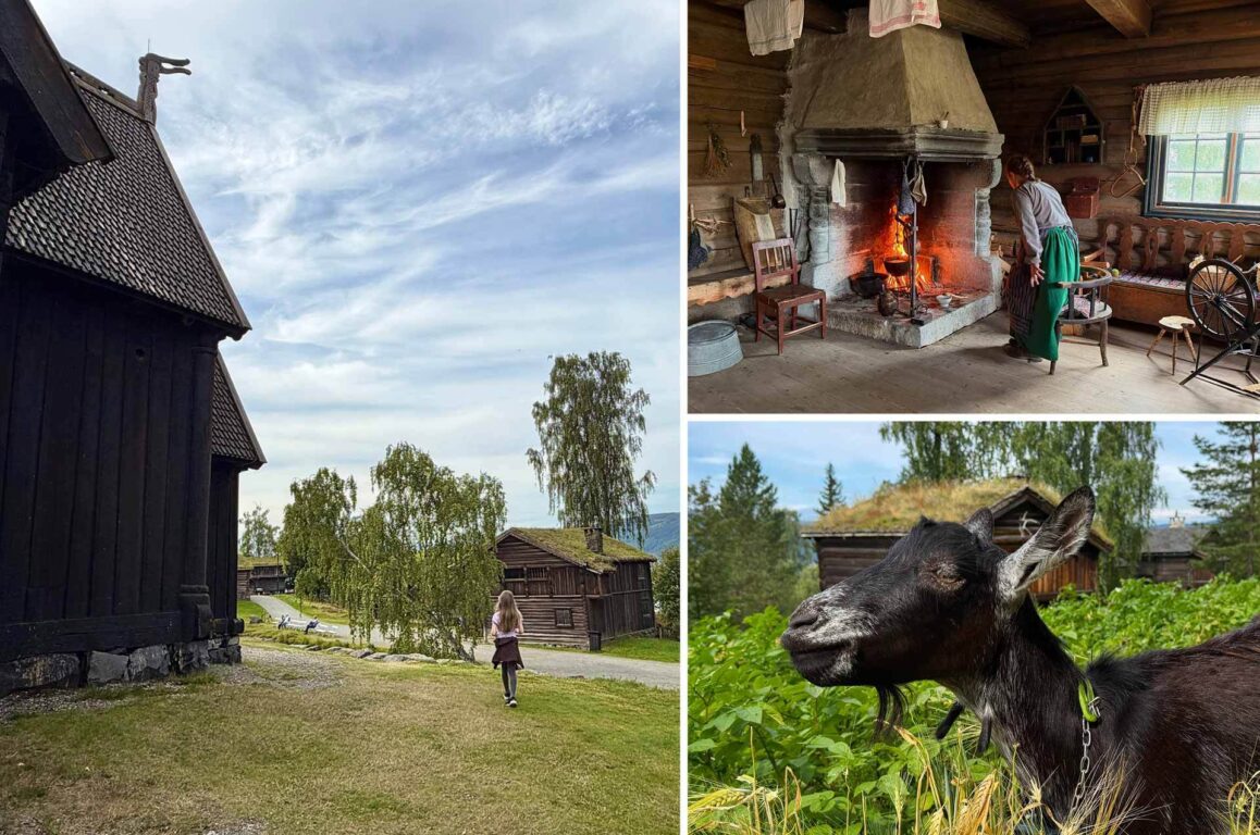 En collage av tre bilder fra en tradisjonell landsby: venstre viser en svart trekirkevegg med et utsmykket drakehode på taket og en person som går langs en sti mellom gamle tømmerhus; øverste høyre bilde viser en kokeild av en kvinnelig person i grønn forkle ved en åpen åpeld i et steinovnrom, med dampende ild og kjøkkenredskaper; nederst til høyre er en svart geit som beiter i grønt gress med små hytter i bakgrunnen.