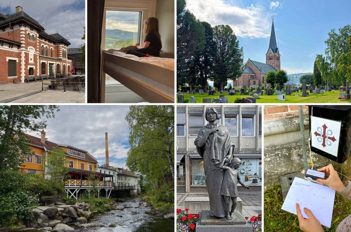 collage av seks bilder: øverste venstre en rød brannstasjon-/jernbanebygning, midt øverste en person sitter i en køyeseng ved vindu med fjellutsikt, øverste høyre en landsbykirke og gravlund i solskinn; nederst venstre en elv omringet av trehus og grønt, midten nederst en statue av en kvinne med et barn i bygate, nederst høyre hånd som fester en eier av dokumenter ved et utekontrollpanel.