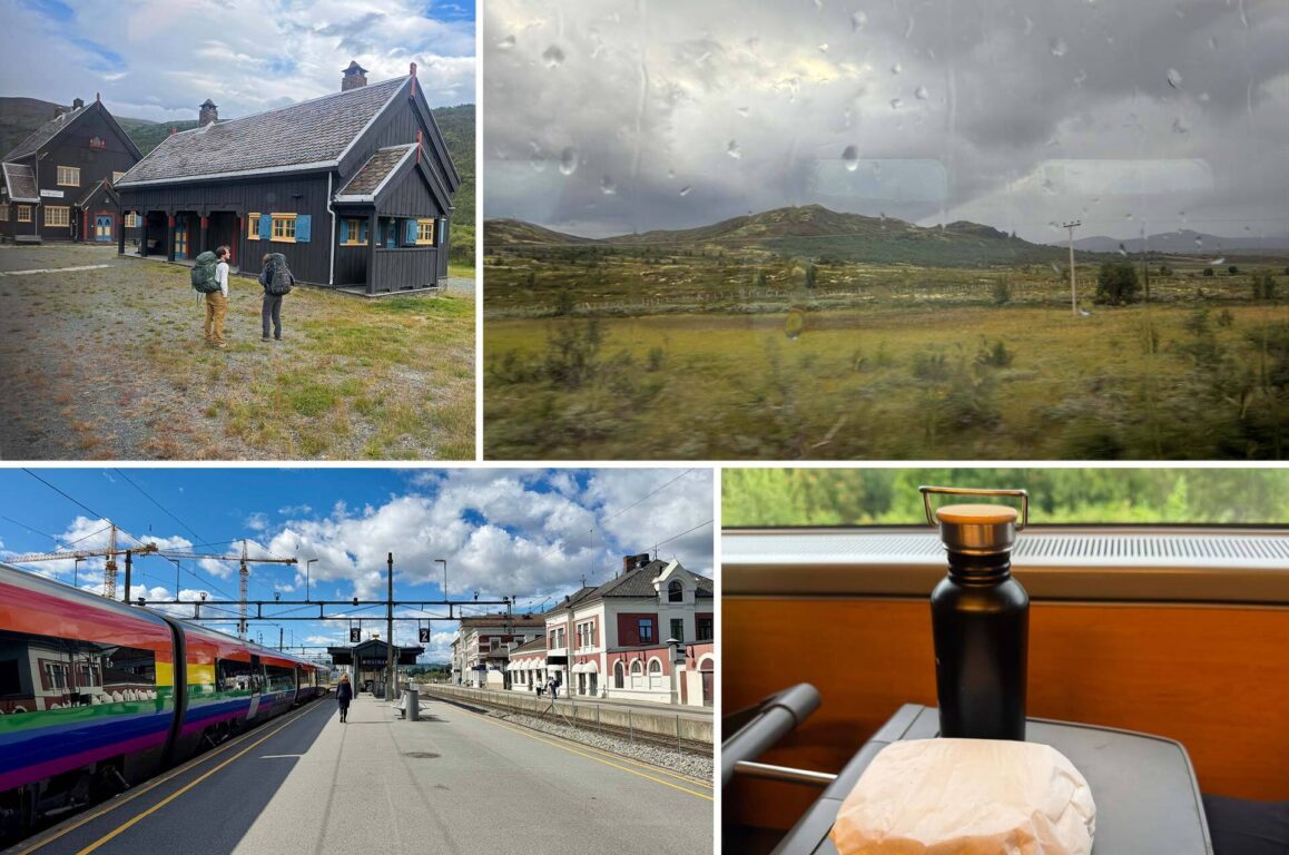 Collage med utelandske bygninger i fjellandskap, landskap sett fra togvindu med regndråper, togstasjon med fargerike lokomotiver og en matboks på bord i togkupe.