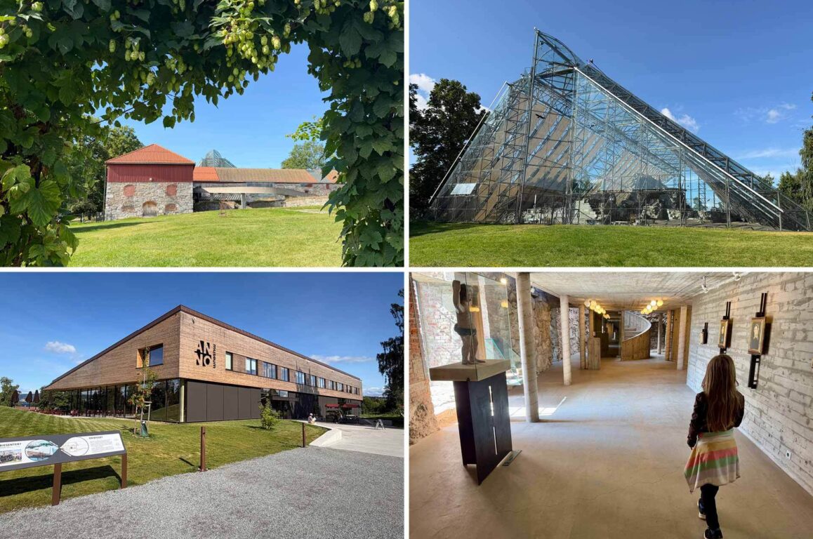 fire bilder av et museumskompleks: øverste venstre viser en historisk bygning omgitt av grøntområde og trær; øverste høyre er et stort glasspaviljong med metallramme; nederste venstre viser en moderne konferansebygning med treverk ogglassterrasse; nederste høyre inne i en malerisk tunnel/galerilignende korridor med steinvegg, søyle og en ung jente som ser på utstillinger.