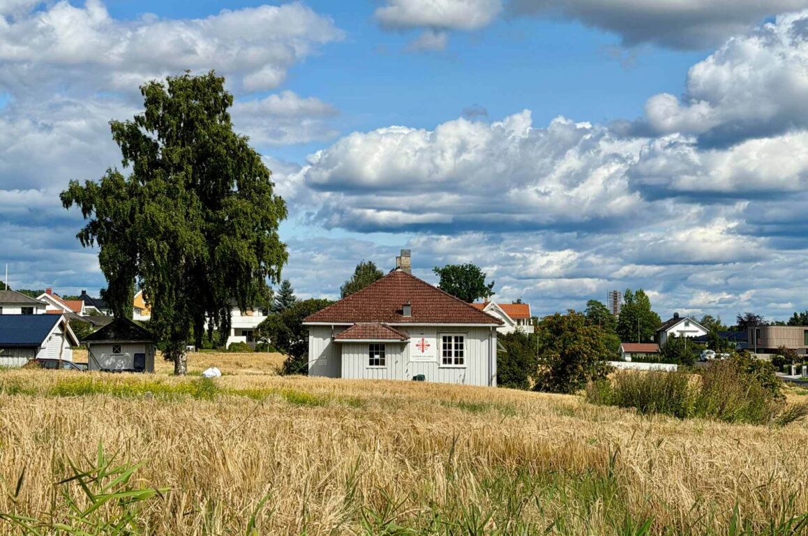 En liten landsby med gule og hvite hus, et stort tre og en hvitmalt bygning med rødt tak midt i et gult åkerland; blå himmel med skyer i bakgrunnen.