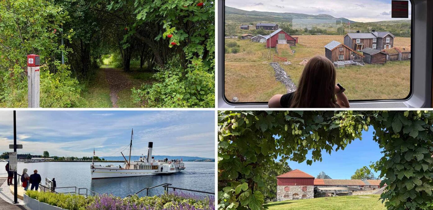 fire fotosamlinger: en skogsti gitt tunnel av grønne blader, en jernbane-/vandringssti; et tog-pers fra landlig landskap sett fra vindu på det første bildet; en havn med skip og blomsterbed; og en gård med bygninger sett gjennom løvverk.