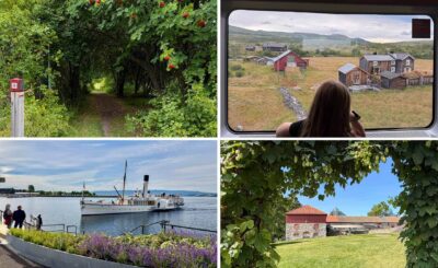 fire fotosamlinger: en skogsti gitt tunnel av grønne blader, en jernbane-/vandringssti; et tog-pers fra landlig landskap sett fra vindu på det første bildet; en havn med skip og blomsterbed; og en gård med bygninger sett gjennom løvverk.