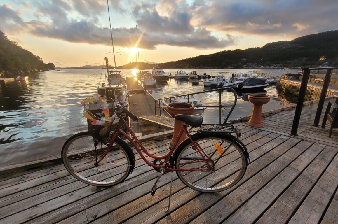 sykkel, brygge, sjø, solnedgang
